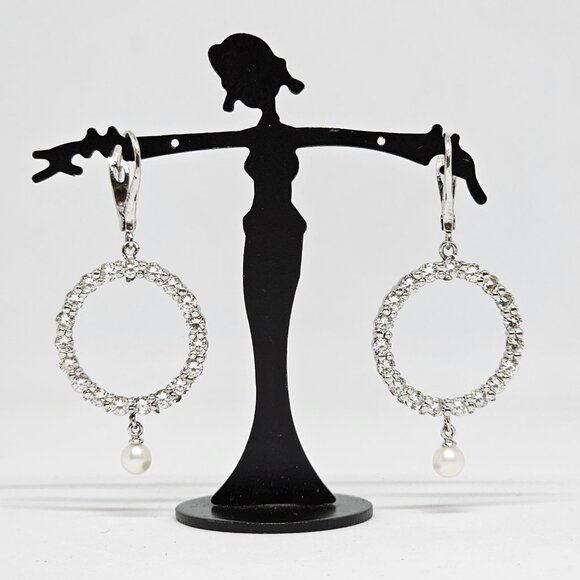 Premier Designs 925 Sterling Silver CZ Crystal Pearl Dangle Earrings Circle - Picture 4 of 12